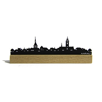 Mini-Skylines-gelasert | Mini Skyline Aarau im Eichenholzbälkli