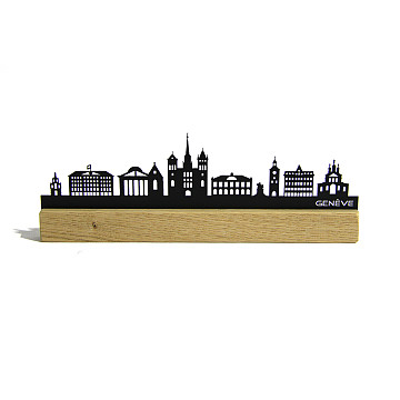 Mini-Skylines-gelasert | Mini Skyline Genf im Eichenholzbälkli