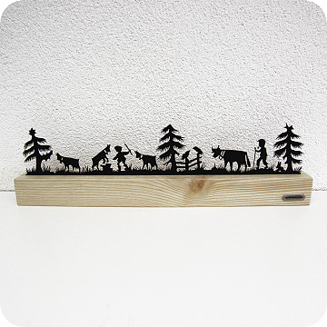 gelaserte-Metallobjekte | Hirt mit Geissen im Fichtenholzbalken 50cm natur